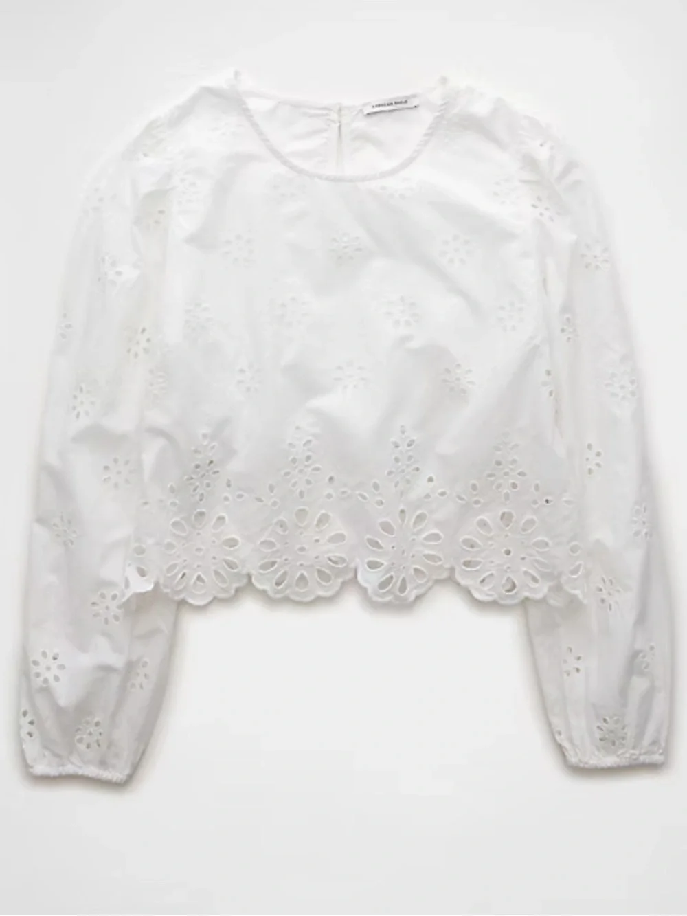 American Eagle Outfitters White Eyelet Long-Sleeve High Neck Cotton Crop Top - Picture 2 of 6